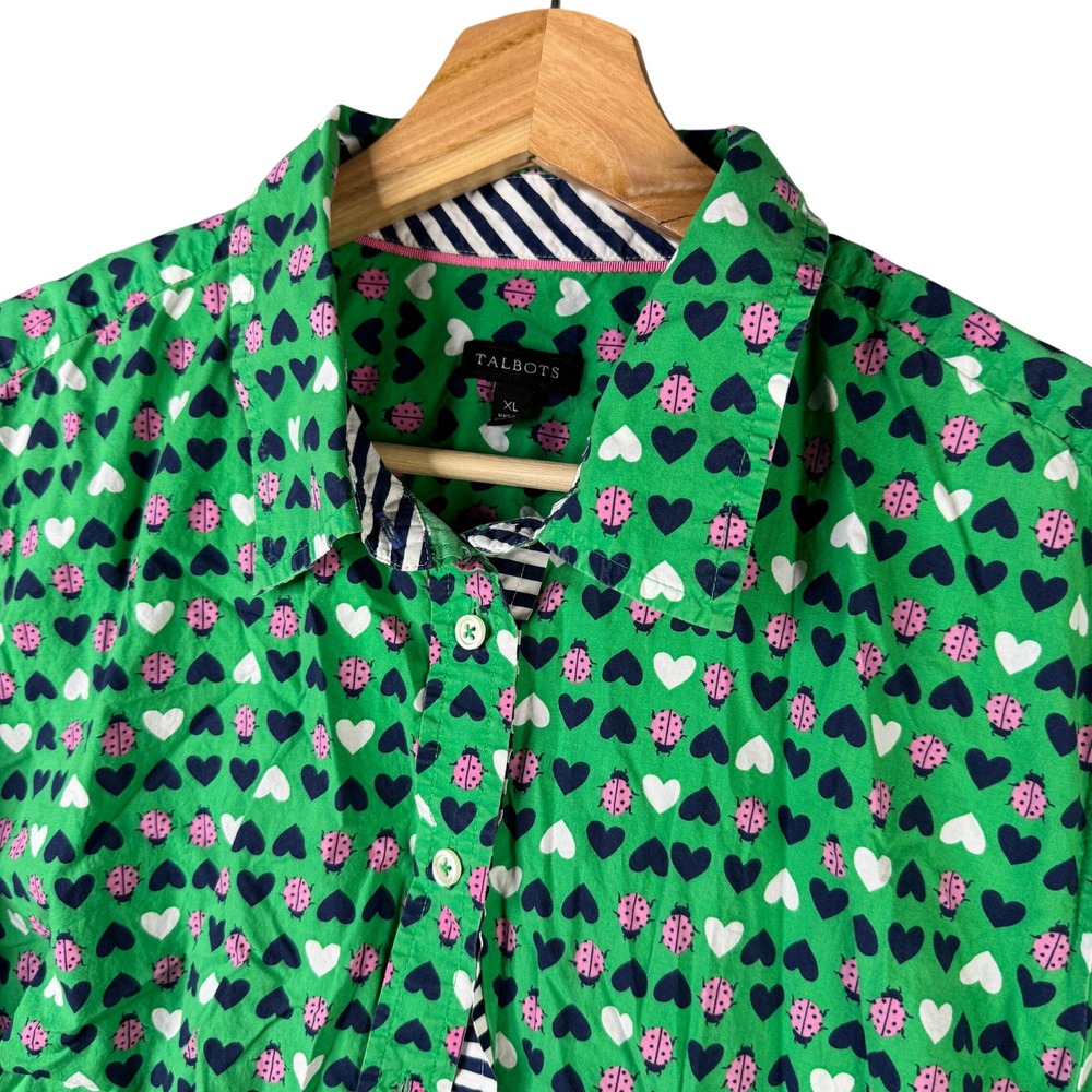 Talbots Green Ladybug Heart Print Cotton Button Down Shirt XL Long Sleeve